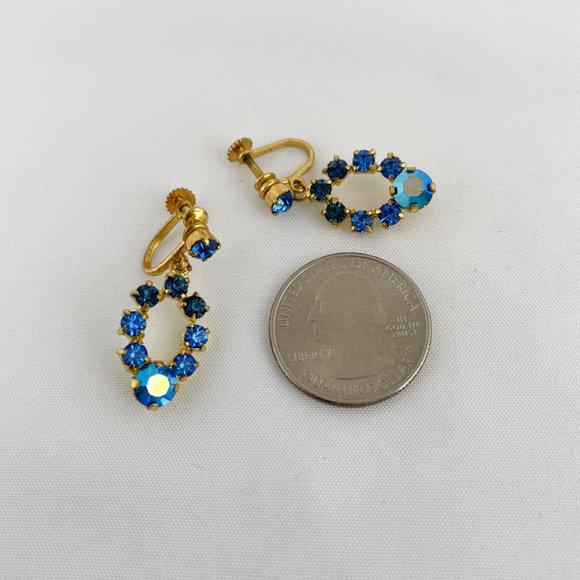 Blue Rhinestone Gold Tone Dangle Screw Back Earrings - Picture 5 of 6